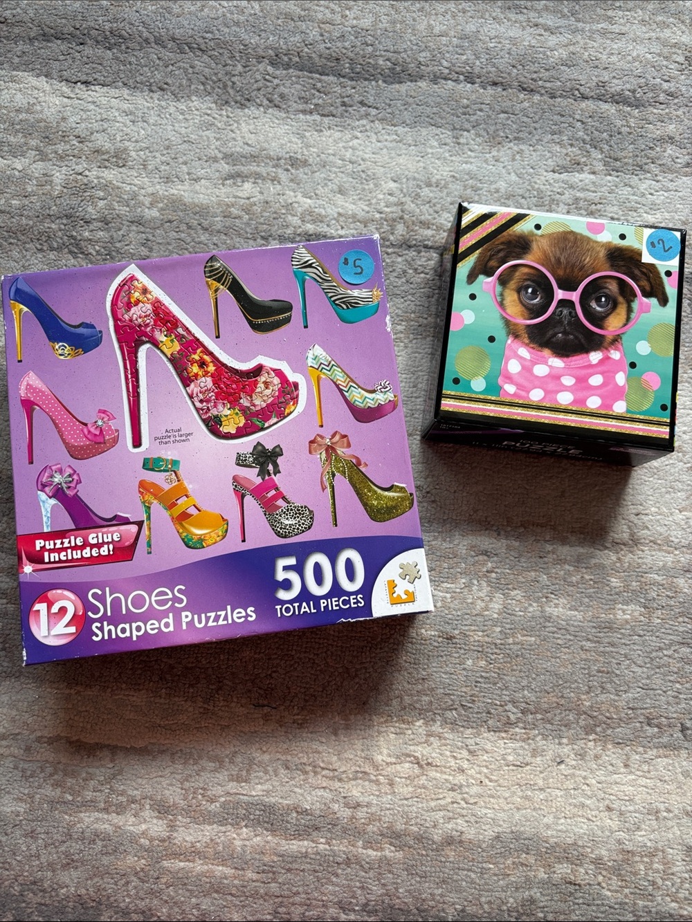 High Heel Shoe Puzzle Box (12 puzzles) and Dog with Glasses Puzzle